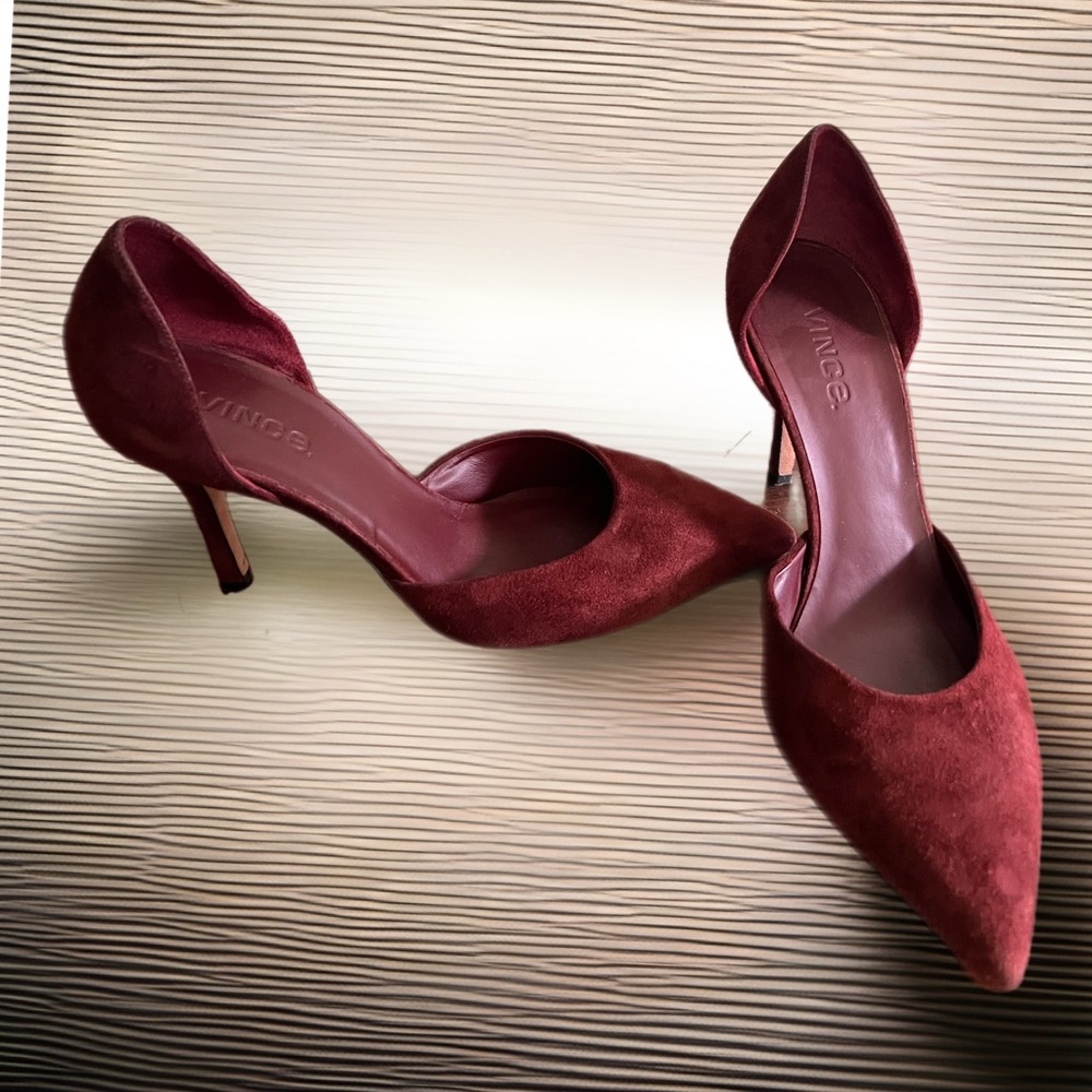 Vince size 7.5 with 3.5 heel suede lovely brownish red. D’orsay style